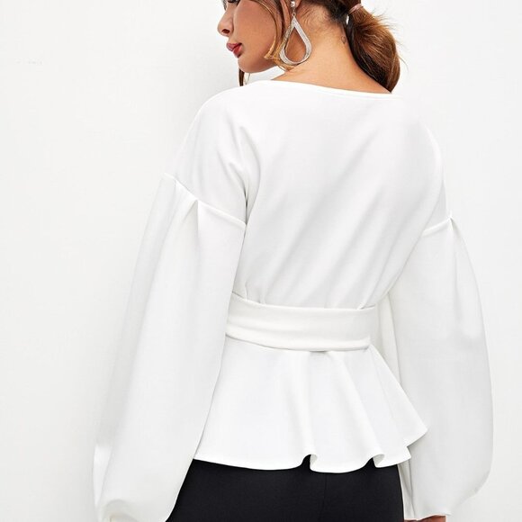 White Preppy Women Lantern Sleeve Surplice Belted Peplum Off The Shoulder Blouse - Picture 2 of 4